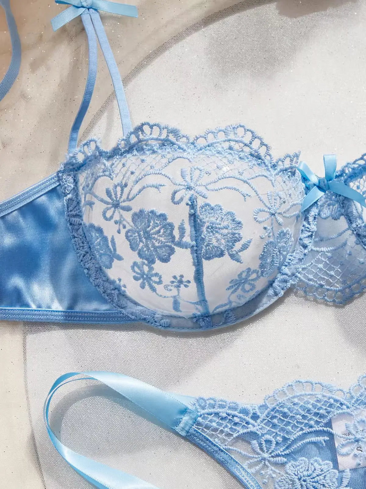 Lady Floral Embroidery Lingerie Set Women Sheer Bra and Brief Underwear Set Satin Sexy Intimates Underwear