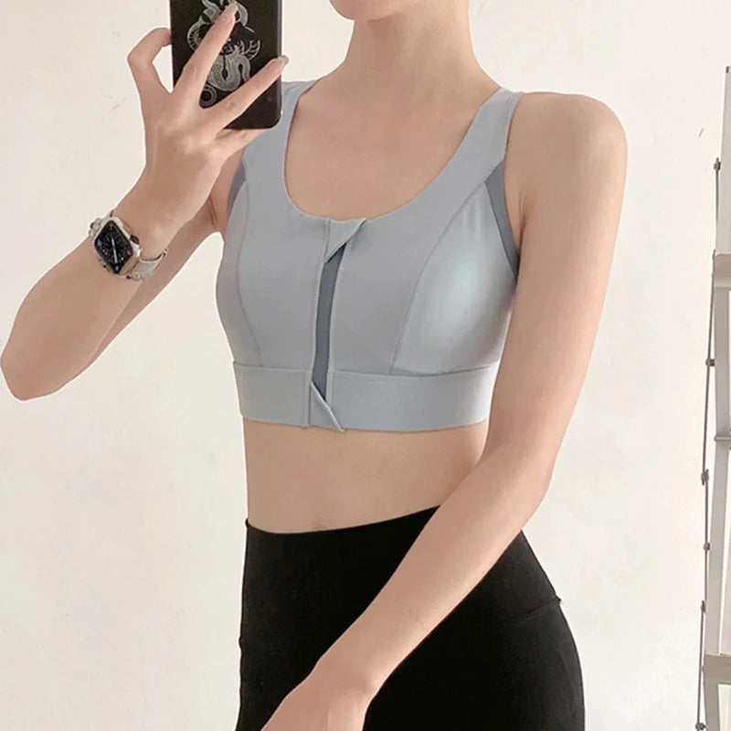 Women's sports and fitness bra with contrasting color design, shock-absorbing and gathered front zipper