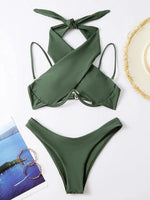 2026 Solid Black Swimsuit Women 2 Piece Bikini Sexy Cross Bandage Hollow Out Lace-up Swimwear Low Waist Thong Beach Bathing Suit