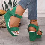 2026 New Platform Wedge Sandals Solid Color Round Headed Square BuckleHigh-heeled Sandals
