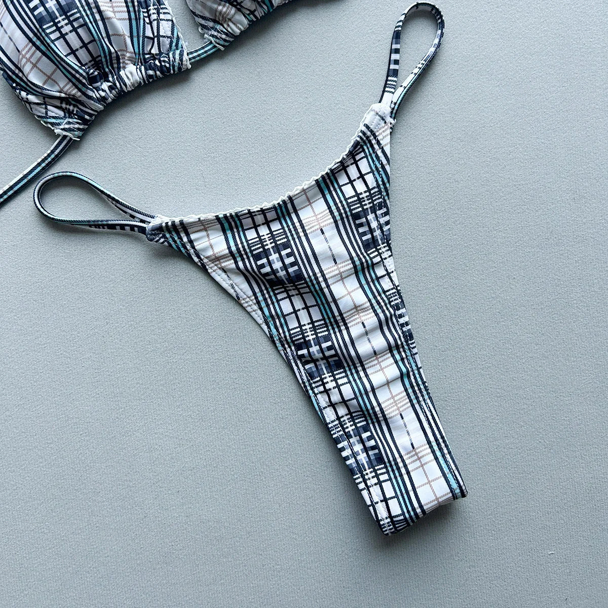 New 2026 Women's Micro Bikini Set Plaid Print Neck Lace-up Backless Biquini Beachwear Sexy Push Up Thong Low WaistBathing Suit