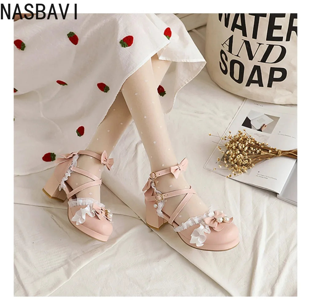 Women Lace Single Leather Lolita Shoes 2026 Cute Japanese Sweet Bow Thick Square Heel Shoes Girls' Party Dress Sandals Shoes 43
