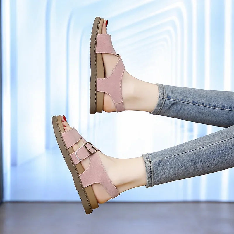 Women Sandals Summer New Solid Color Open Toe Flat Casual Slippers Buckle Fashion Outdoors Beach Sandals Sandalias De Mujer