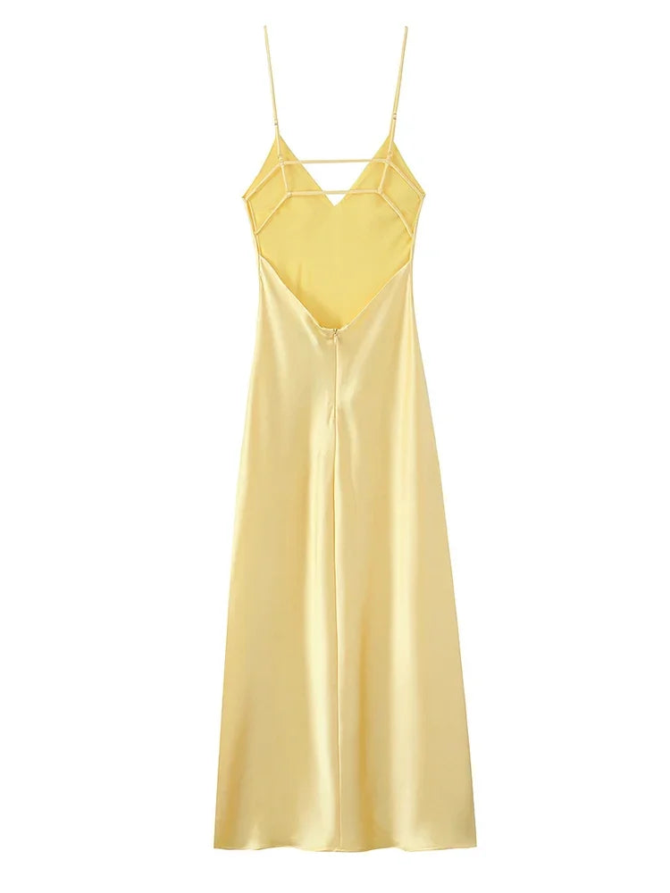 Foridol V Neck Backless Satin Long Dress Women Sexy Beach New in Maxi Summer Dress Spaghetti Strap Yellow Party Vestidos 2025