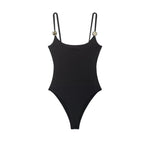 Black And Brown Spaghetti Strap Bodysuits With Rose Gold Button Decor Elegant Slim Fit Shapewear For Women Nightclub Wear 4UMT