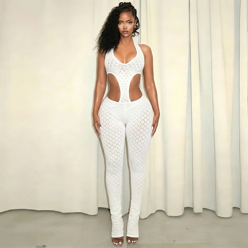 Sexy hot girl solid color see-through slim fit knitted deep V jumpsuit