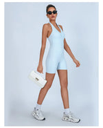 Summer Yoga Jumpsuit Back Hollow Out Bandage Pleate Pocket Shorts Sports One Piece Suits Butt Lifting Fitness Workout Bodysuit