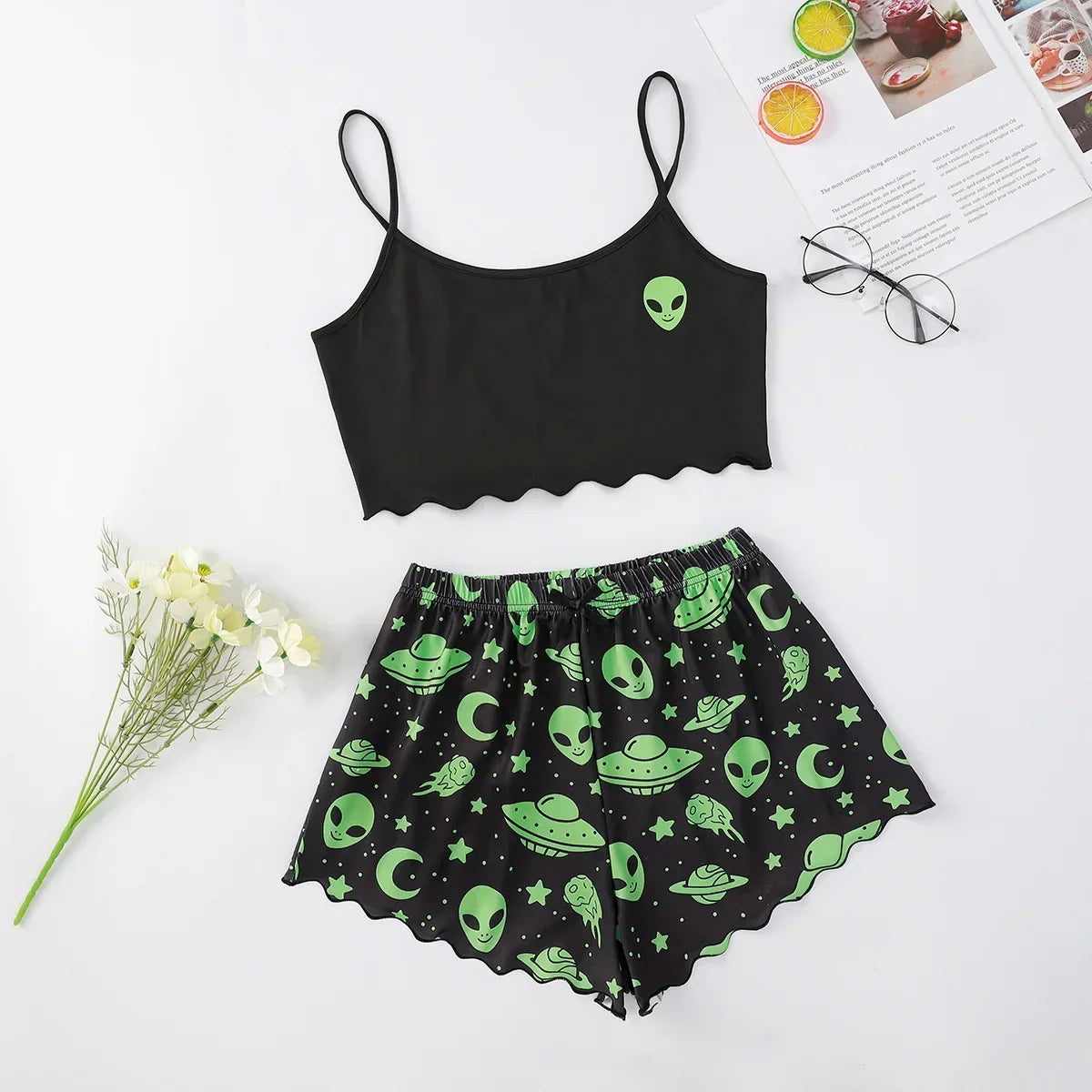 Sexy Alien Print Sling Sleepwear Women's Pajamas Set V-Neck Pyjamas Female Homewear Sleeveless CuteTop And Shorts