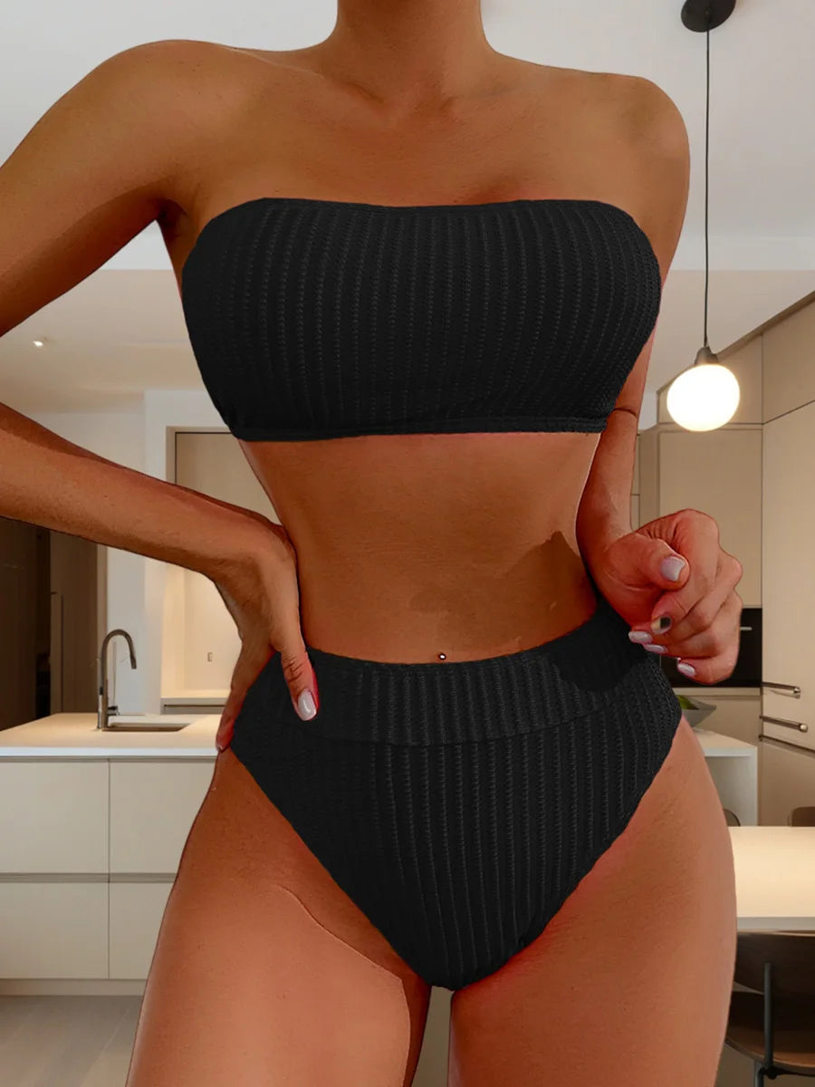 2025 Glitter Sparkling Female Swimsuit High Waist Bikini Women Swimwear Two Pieces Bikini Set Wrinkled Bandeau Bathing Suit Swim