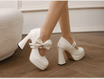 Plus Size Women's Bow Mary Janes Platform Chunky Heels Ankle Strap High Heel Pumps Sweet Lolita Party Dress Shoes