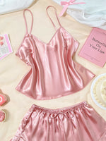 2Pcs Women Pink Satin Sleepwear Set V Neck Cami Top with Ruffle Shorts Sexy Breathable Loungewear Pajama for Home