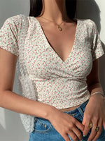 Summer French retro floral V-neck short-sleeved T-shirt Slim slimming wild high waist T-shirt women's top