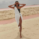 Sexy One-shoulder Asymmetric Black White Beach Dress Midi Beach Cover Up Woman Swimwear Bikini Tunic Kimono Beachwear Outfit