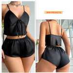 Stain Ice Silk Pajamas Set for Women Spaghetti Straps V Neck Crop Tops and Shorts 2-Pieces Sleepwear Loungewear for Home