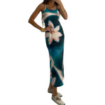 Summer Tie-Dye Floral Print Backless Party Dress Women Sleeveless Spaghetti Strap Sexy Bodycon Dress for Vacation Cocktail Beach