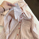 Female 2Pcs Pajamas Set Spring New Cotton Sleepwear Long Sleeve Trouser Suit Homewear Sweet Pink Striped Doll Collar Pijamas