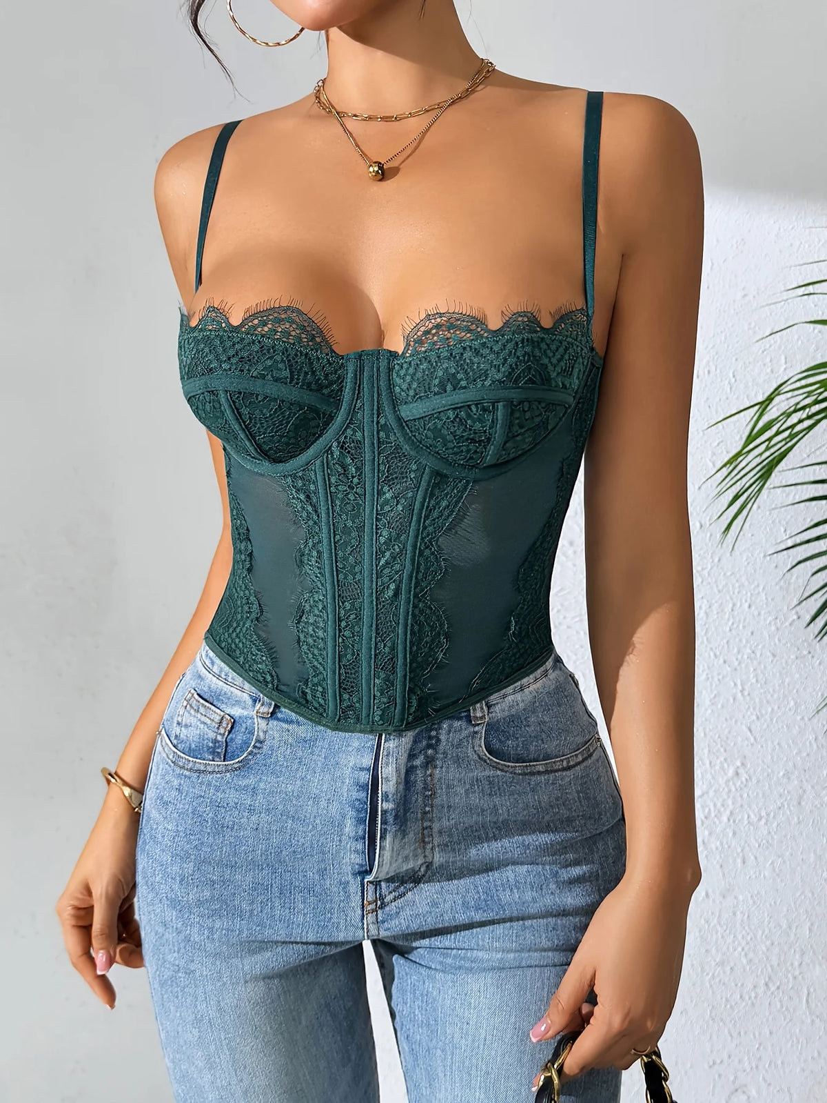 Women Lace Corset Tops Sexy Sheer Mesh Spaghetti Strap Fishbone Summer Bustier TopGoing Out Night Club Party Concert Tops