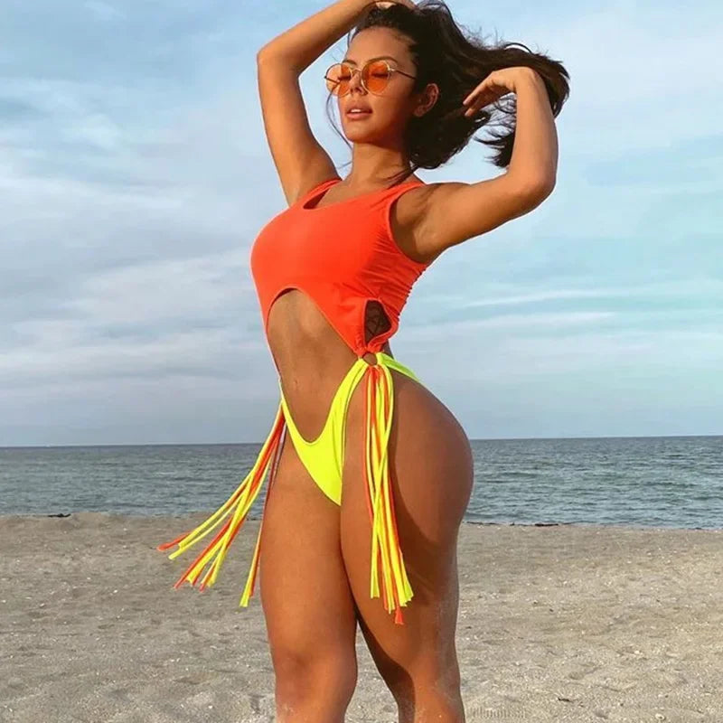 Tummy Cut Out Splicing Fringe Tassel Women Swimwear One Piece Swimsuit Female Monokini High Leg Cut Bathing Suit Swim Beach Wear