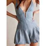 Combhasaki Women Summer Y2K Retro V-Neck Denim Shorts Jumpsuits Cross Tied Zip-up Backless Loose Wide Leg Playsuit Cute Rompers
