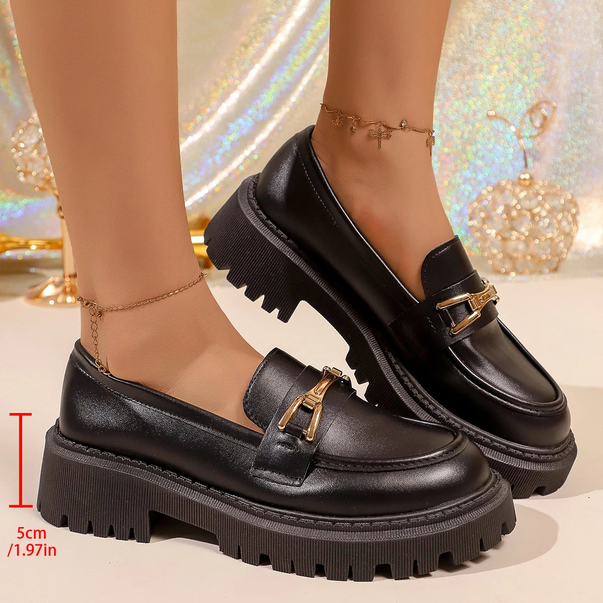 Ladies Metal Buckle Decor Chunky Loafers Round‑Toe Slip‑On Lug‑Sole PU Leather Comfortable All‑Match Business Walking Footwear