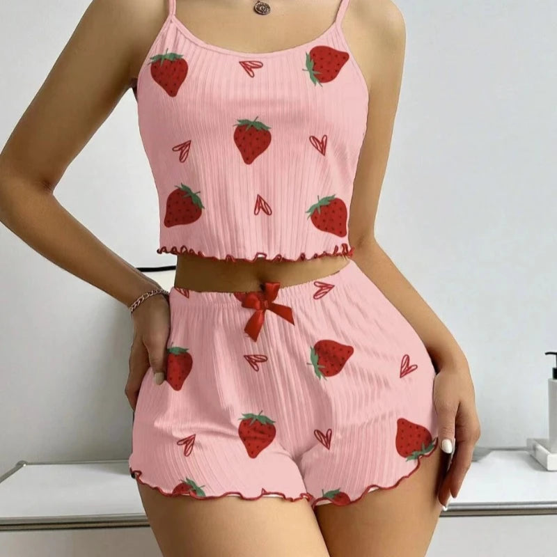 New Strawberry Print Sleepwear Set Women's Ribbed Pajamas with Hearts & Bow Soft Comfy Lounge Set with Shorts Cute Summer