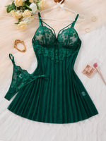 A set Net fabric see-through deep V nightgown thong set - emerald green floral lace strapless fitted sexy nightgown set ZA825096