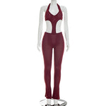 Sexy hot girl solid color see-through slim fit knitted deep V jumpsuit