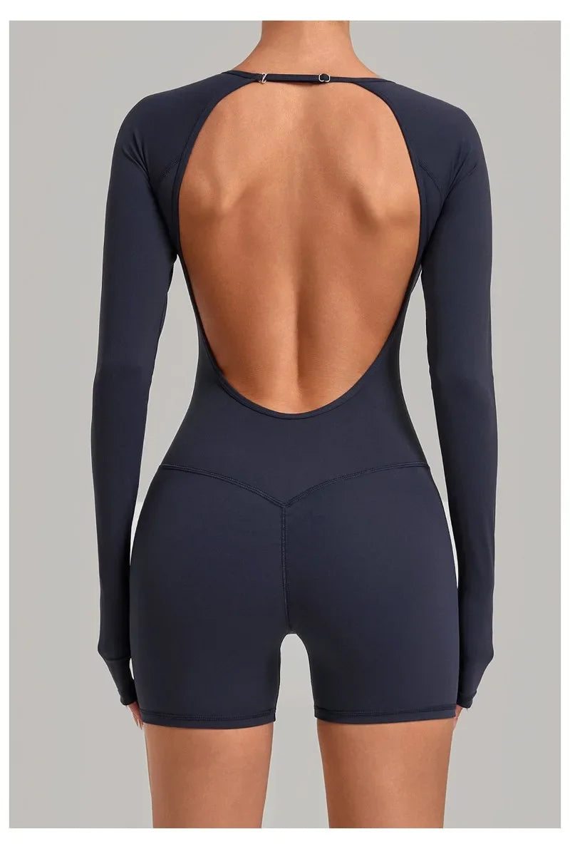 Women's Yoga Jumpsuits Sports Fitness Hip-lifting Long-sleeved Backless Running Training Workout Gym Shorts One-piece Bodysuits