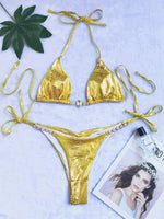 Snake Skin Rhinestone Diamond Bikini Female Swimsuit Women Swimwear Two-pieces Bikini Set High Cut Halter Bathing Suit Swim Lady