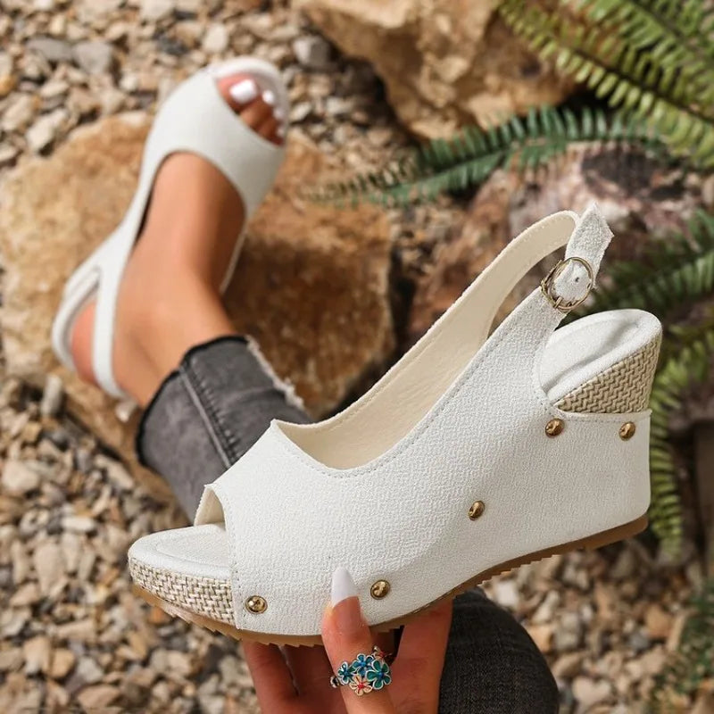 Summer Women's Wedge Sandals Espadrille Open Toe Platform Sandals Casual Slip-On Beach Mules With Rivet Decor