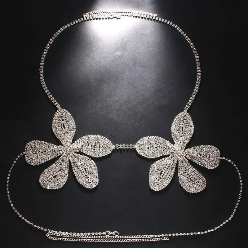 Exaggerated Crystal Flower Chest Chain Lingerie Women Accessories New in Summer Top Rhinestone Body Jewelry Bra Bikini Clothing
