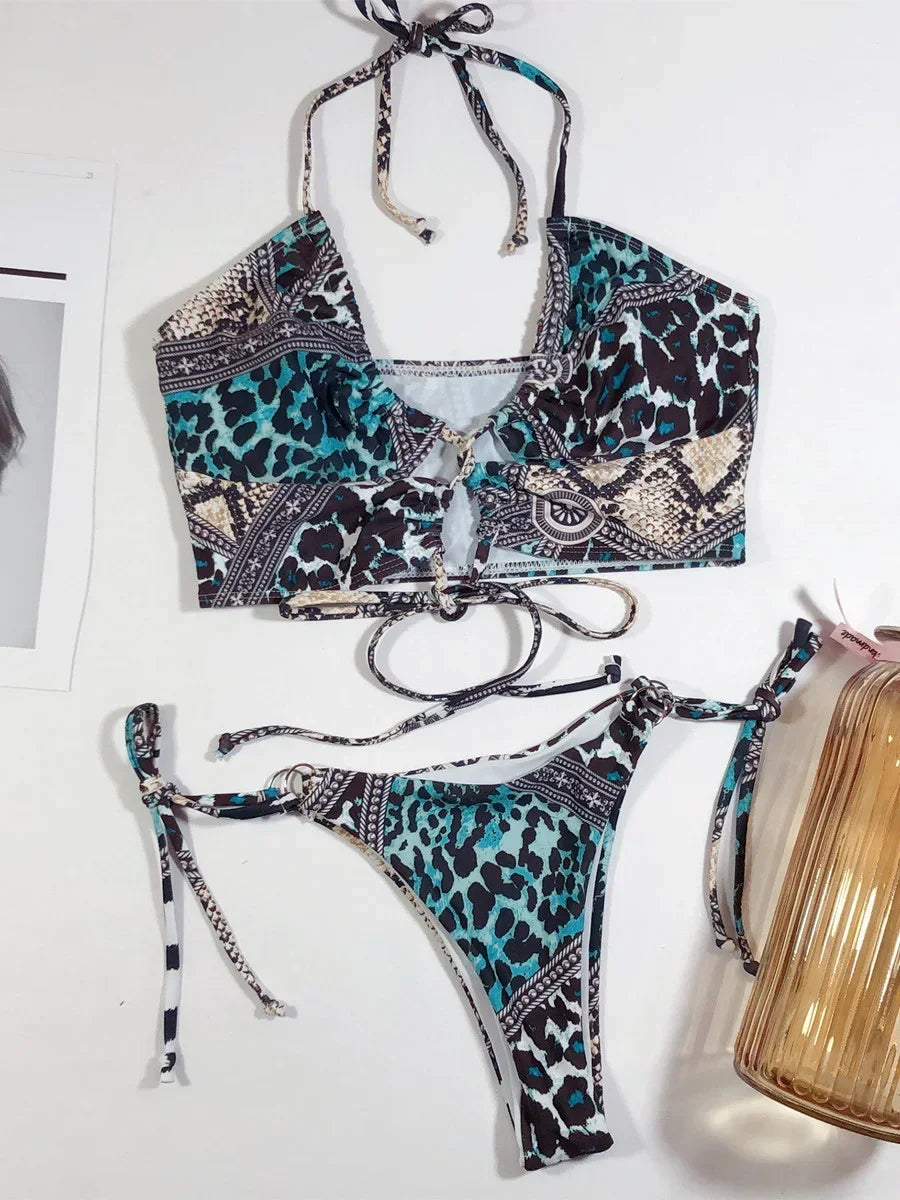 Sexy High Cut Leopard Bikini Women Thong Swimwear Female Swimsuit Two-pieces Bikini set Lace Up Bather Bathing Suit Swim Lady