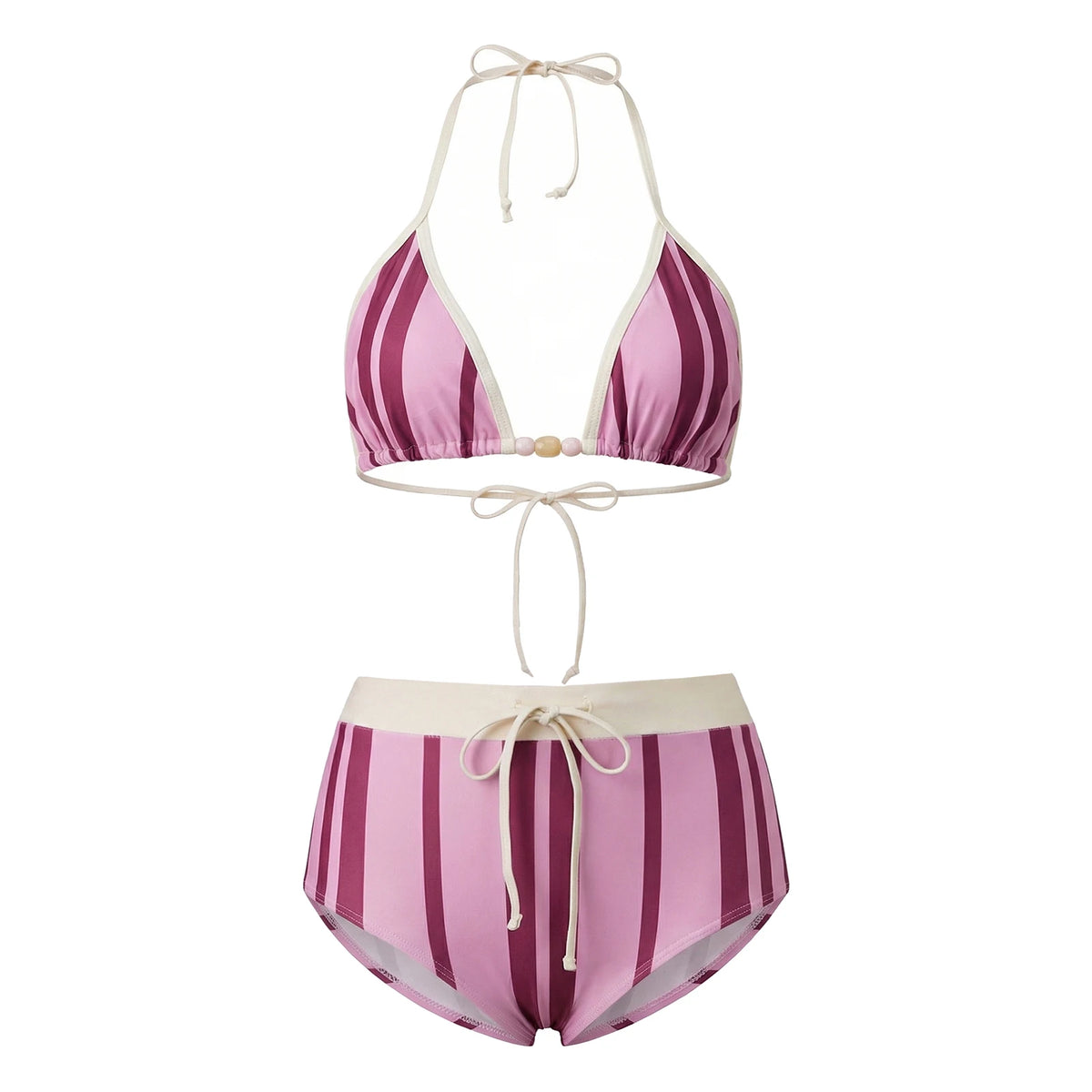 Women's Dots Printed Bikini Set Beaded Swimwear Halter Bikini Tops with High Waisted Swim Shorts for Pool Beach Bathing Suits