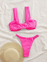 2026 Swimwear Women Halter Low Cut Bikini Set Solid Pleated Split Swimsuit Sexy Thongs Summer New Holiday Bathing Suit