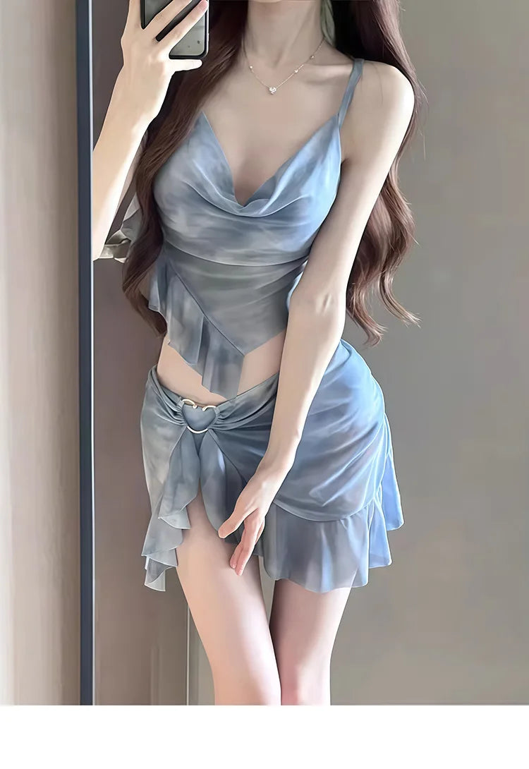 New Korean Style Bikini Set Women Pink Gradient Ruffles Push Up Mesh Skirt 3 Piece Swimsuit Summer Bathing Suit Holiday Swimwear