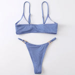 Sexy Ribbed Metal Rings High Cut Bikini Female Swimsuit Women Swimwear Two-pieces Bikini Set Micro Thong Bathing Suit Swim Lady