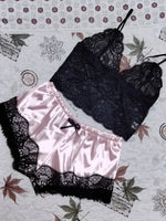 Summer Sexy 2 Pieces Pajamas Set for Women Sleepwear Lingerie Lace Silk Crop Tops and Shorts Sets Casual Nightwear Pijamas