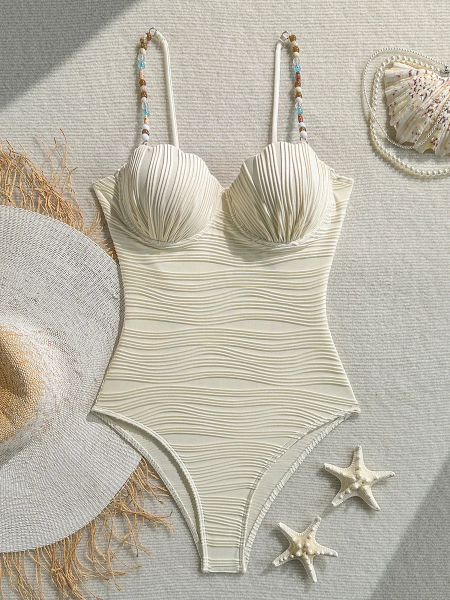 Shell Underwired Wrinkled Beads One Piece Swimsuit Women Swimwear Female High Leg Cut Monokini Bather Bathing Suit Swim Bodysuit