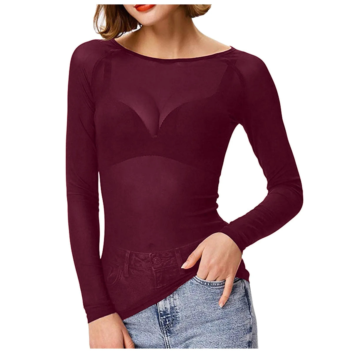 Sexy Women T Shirt See Through Mesh Black Long Sleeve Tees Sheer Slim Fit O Neck Tulle Crop Top Y2k T-Shirt Transparent Clubwear