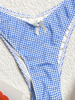 Blue Plaid Print Two Piece Swimsuit for Women Sexy Bow Suspender Backless Bikini Set High Waist Thong Beach Bathing Suit 2025