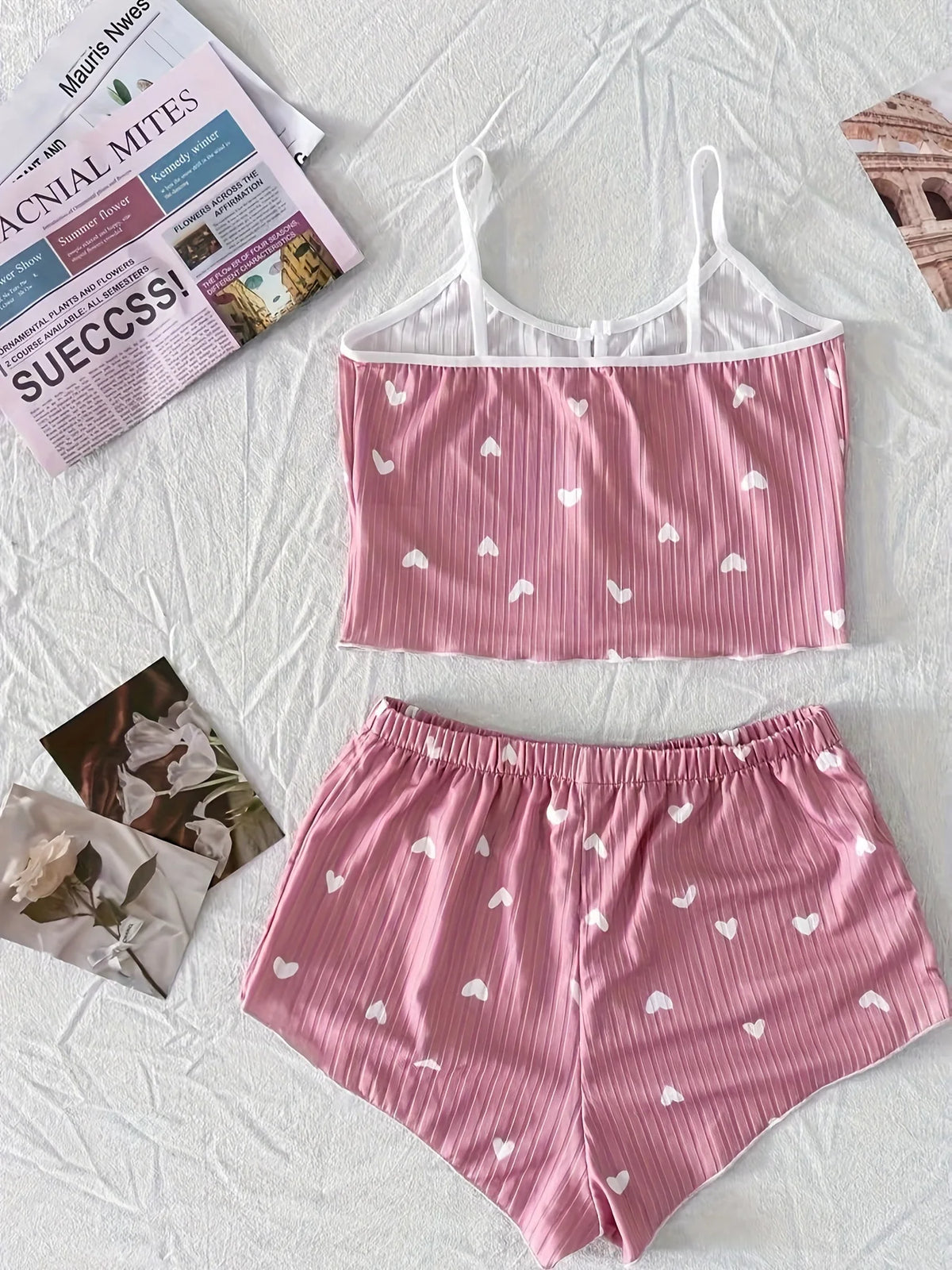 Women's Heart Print Sexy Ribbed Bow Decor Pajama Set, Round Neck Backless Comfortable Crop Cami Top & Shorts, Summer Nightwear