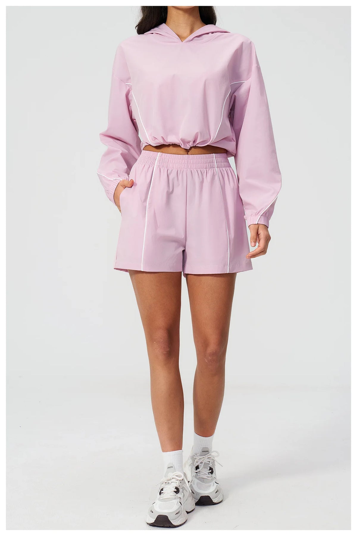 Summer Sun Protection Yoga Suit Women Contrasting Colors Long Sleeve Hoodies Top High Waist Shorts Running Fitness Athletic Wear