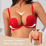 Red rhinestone sexy gathering bra with deep V bright diamond decoration, comfortable and breathable underwear