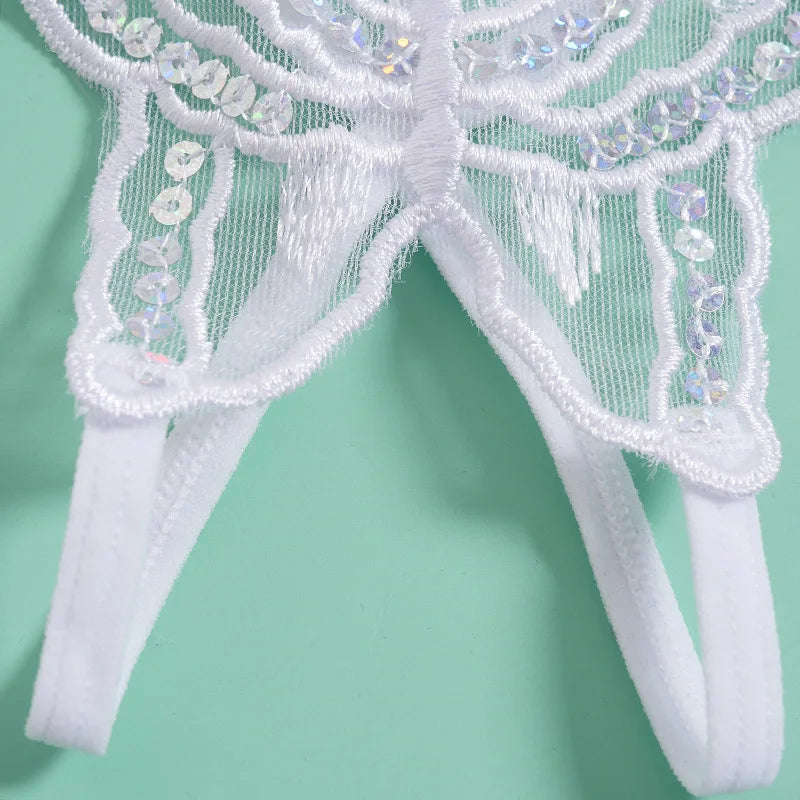 Double-Layer Thin Strap Sexy Thong Butterfly Embroidery Low Waist Sexy Bikini Pure Lace Sequins T-Shaped Panties Sexy G-strings