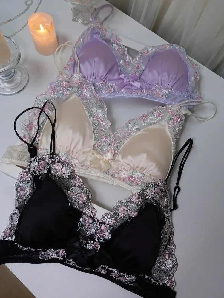 MOYISU Luxury Chinese Style Pure Desire Girl Bra Thin Triangle Cup Purple Embroidery Light Luxury Silk Sexy Lace Underwear Set