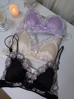 MOYISU Luxury Chinese Style Pure Desire Girl Bra Thin Triangle Cup Purple Embroidery Light Luxury Silk Sexy Lace Underwear Set
