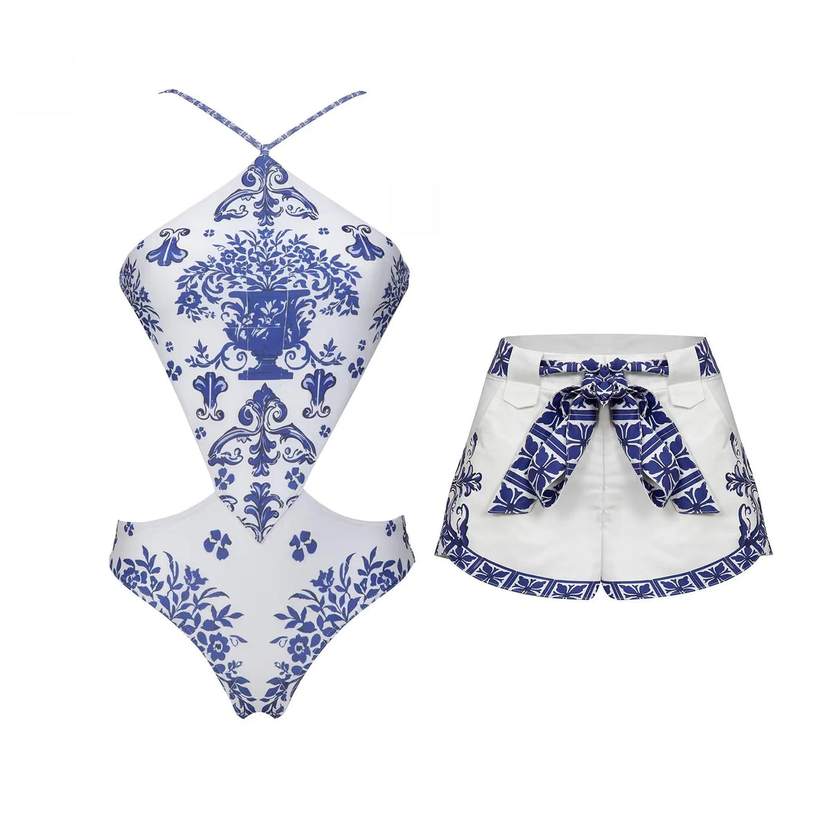 Retro 2Pcs One Piece Swimsuit Women Sexy Bikini Push Up Swimwear Female Halter Swim Suit Bandeau Biquini Beachwear Bathingsuit