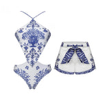 Retro 2Pcs One Piece Swimsuit Women Sexy Bikini Push Up Swimwear Female Halter Swim Suit Bandeau Biquini Beachwear Bathingsuit