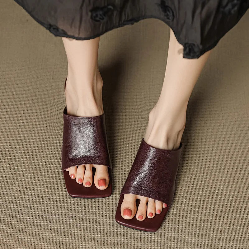 LuxeSquare Toe Slide Sandals Premium Leather One Strap Mules Chunky Sole Backless Loafers Dressy Casual Summer Shoes
