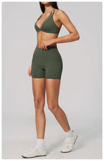 Women 2PCS Yoga Suit Double Strap Shockproof Sports Bra High Waist Tigh Short Fitness Suit Gym Running Leggings Tracksuits